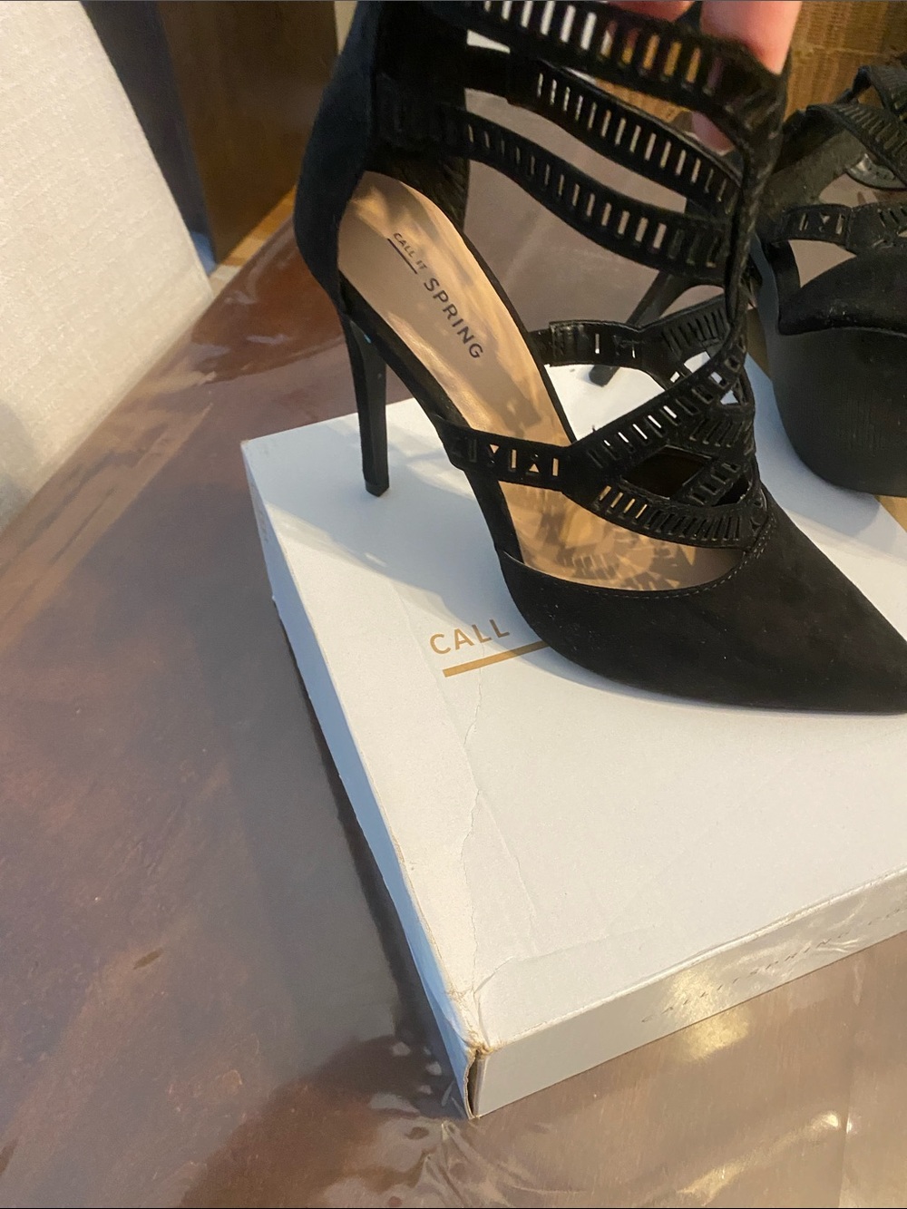 Call It Spring Black Strappy Suede Stiletto Heels